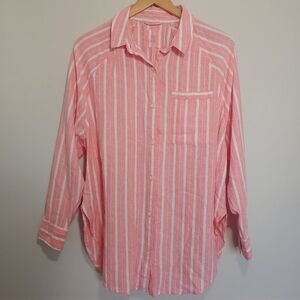 aerie Pool to Party Linen Blend Coverup Shirt Spicy Coral Striped XS